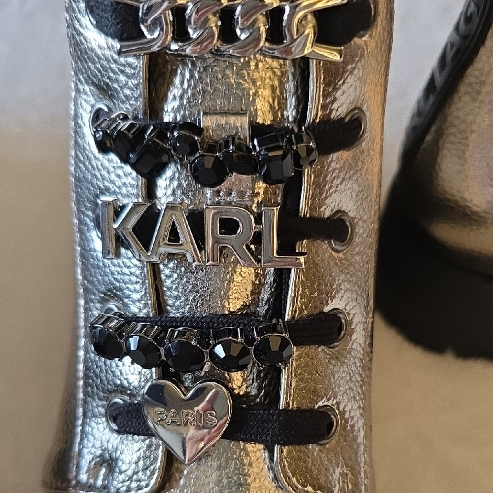 Karl Lagerfeld Paris Metallic Silver Boots with Simmering Chain Accents - Picture 5 of 13
